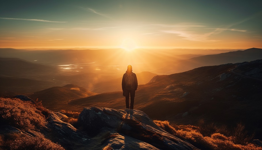 Standing on mountain peak, backpack and success